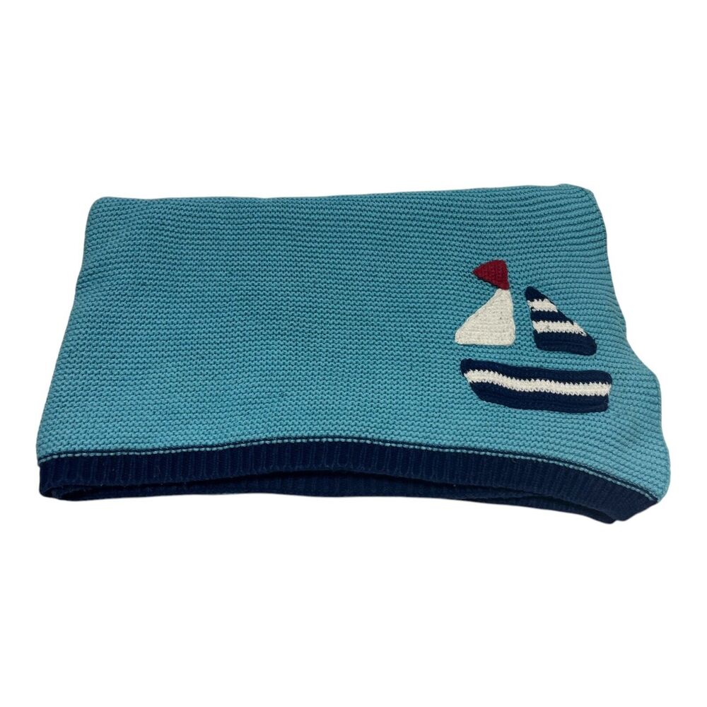 Blue Knit Sailboat Baby Blanket Cotton